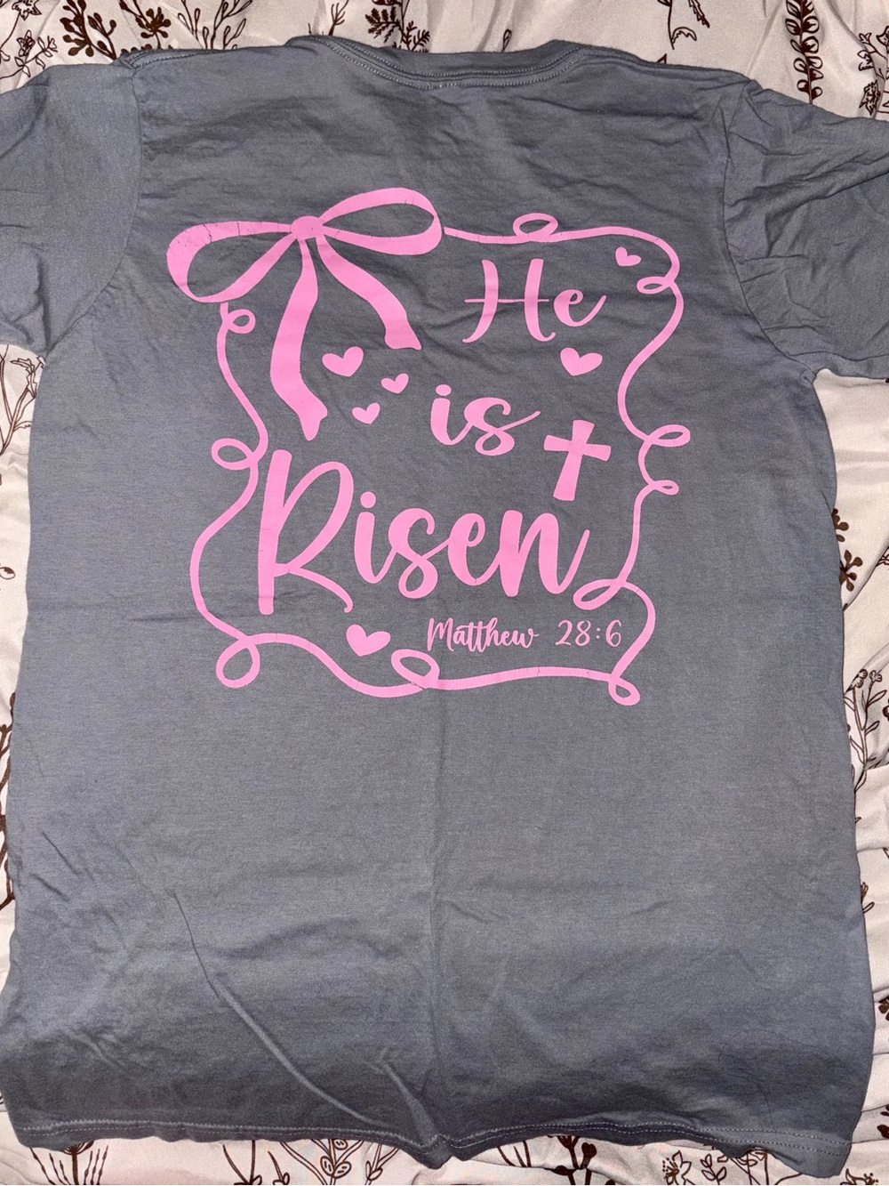 Gray Short Sleeve Tee with Pink 'He is Risen' Graphic